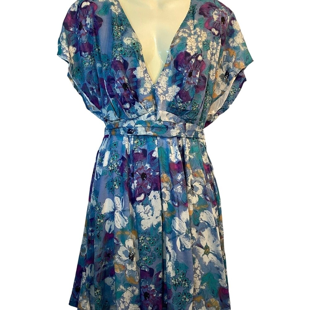 Free People Floral Mini Dress Womens Small Blue Purple Good Boho V-Neck Tie Back - Picture 12 of 13